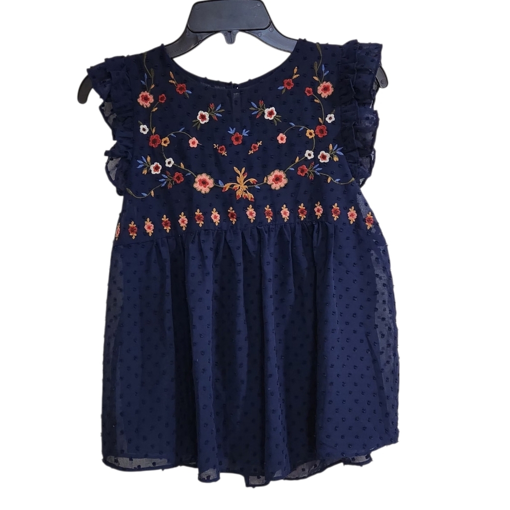 Altar’d State Womens Sz S Blouse Floral Embroidered  Navy Blue Baby Doll Ruffle